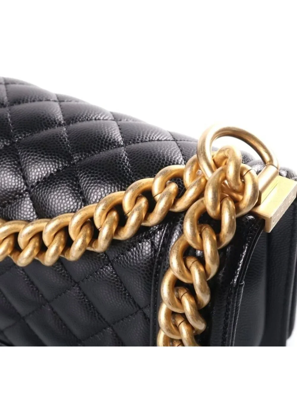 Chanel Boy 20 Quilted Small Caviar Leather Chain Shoulder Bag Gold Black Plate